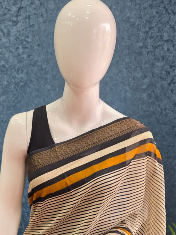 Stripes Silk Black cream Maheshwari Silk Saree