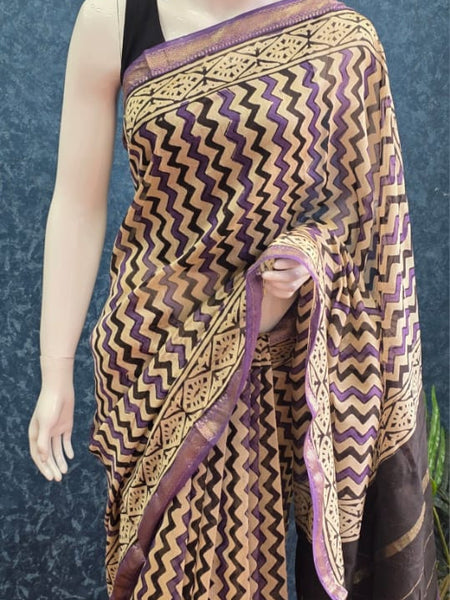 Zigzag Black Purple Maheshwari Silk Saree