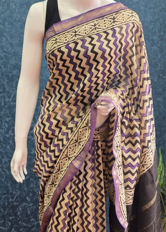 Zigzag Black Purple Maheshwari Silk Saree