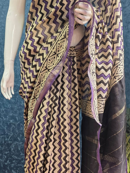 Zigzag Black Purple Maheshwari Silk Saree