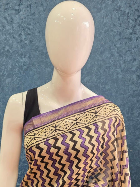 Zigzag Black Purple Maheshwari Silk Saree