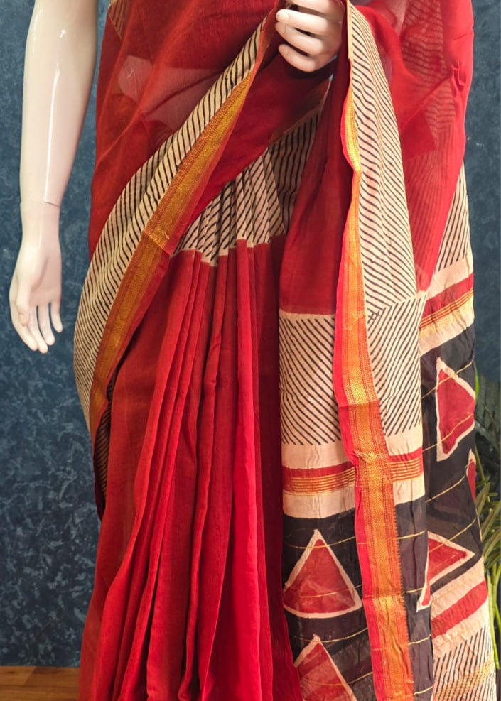 Maheshwari silk- Cream- Red