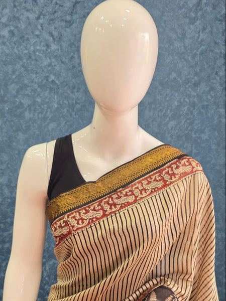 Stripes Black Cream Maheshwari Silk Saree