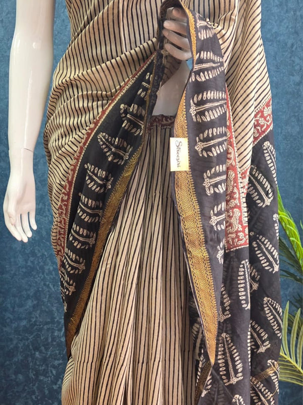 Stripes Black Cream Maheshwari Silk Saree