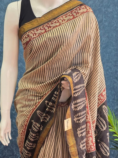 Stripes Black Cream Maheshwari Silk Saree