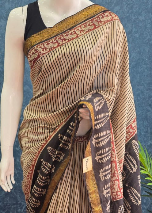 Stripes Black Cream Maheshwari Silk Saree