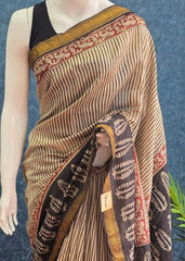 Maheshwari  Silk -Black Cream Vertical Stripes