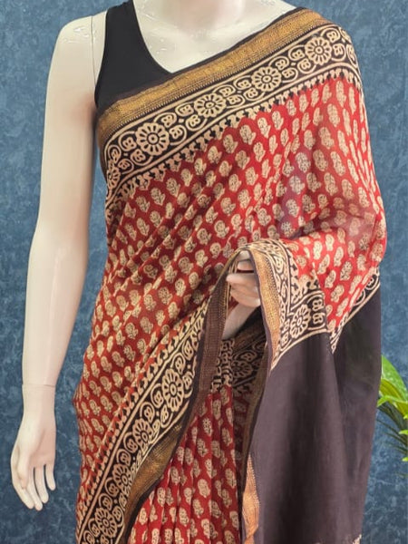 Contrast Deep red Black Maheshwari Silk Saree