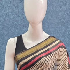 Stripes Cream Black  Maheshwari Silk Saree