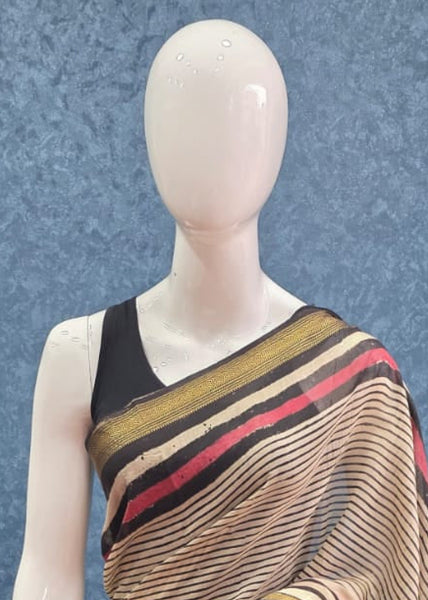 Stripes Cream Black  Maheshwari Silk Saree