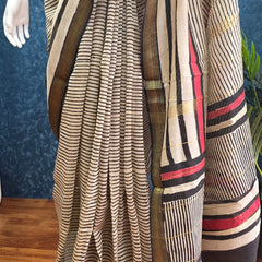 Stripes Cream Black  Maheshwari Silk Saree