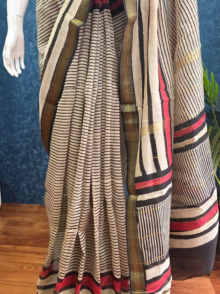 Stripes Cream Black  Maheshwari Silk Saree