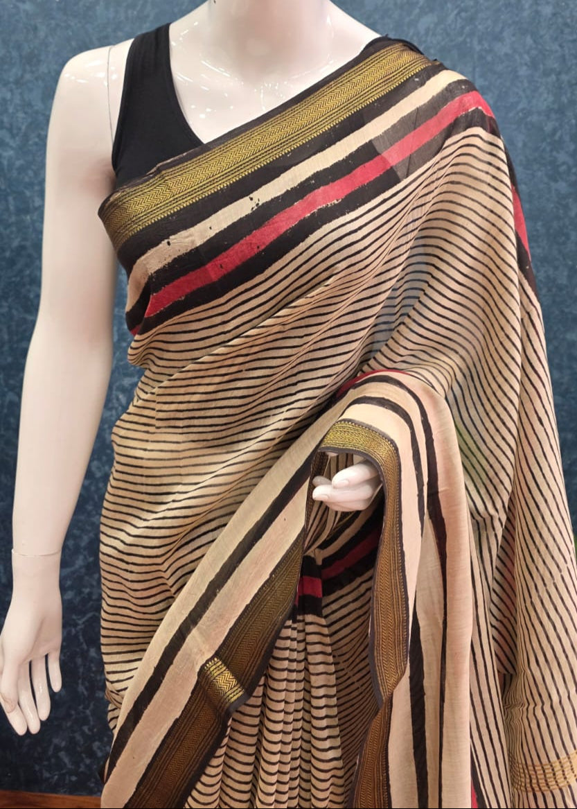 Maheshwari Silk - Cream Black Stripes