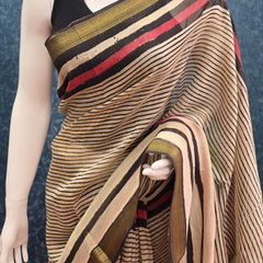Stripes Cream Black  Maheshwari Silk Saree