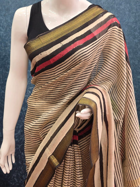 Stripes Cream Black  Maheshwari Silk Saree