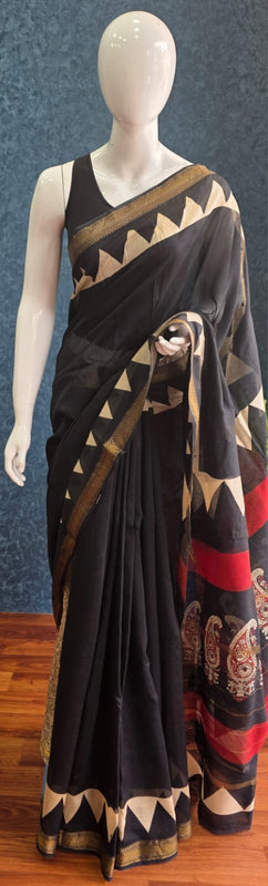 Triangle Black Cream Maheshwari Silk Saree