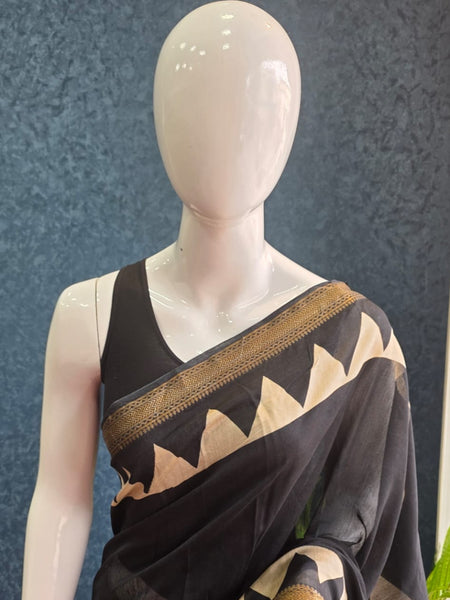 Triangle Black Cream Maheshwari Silk Saree