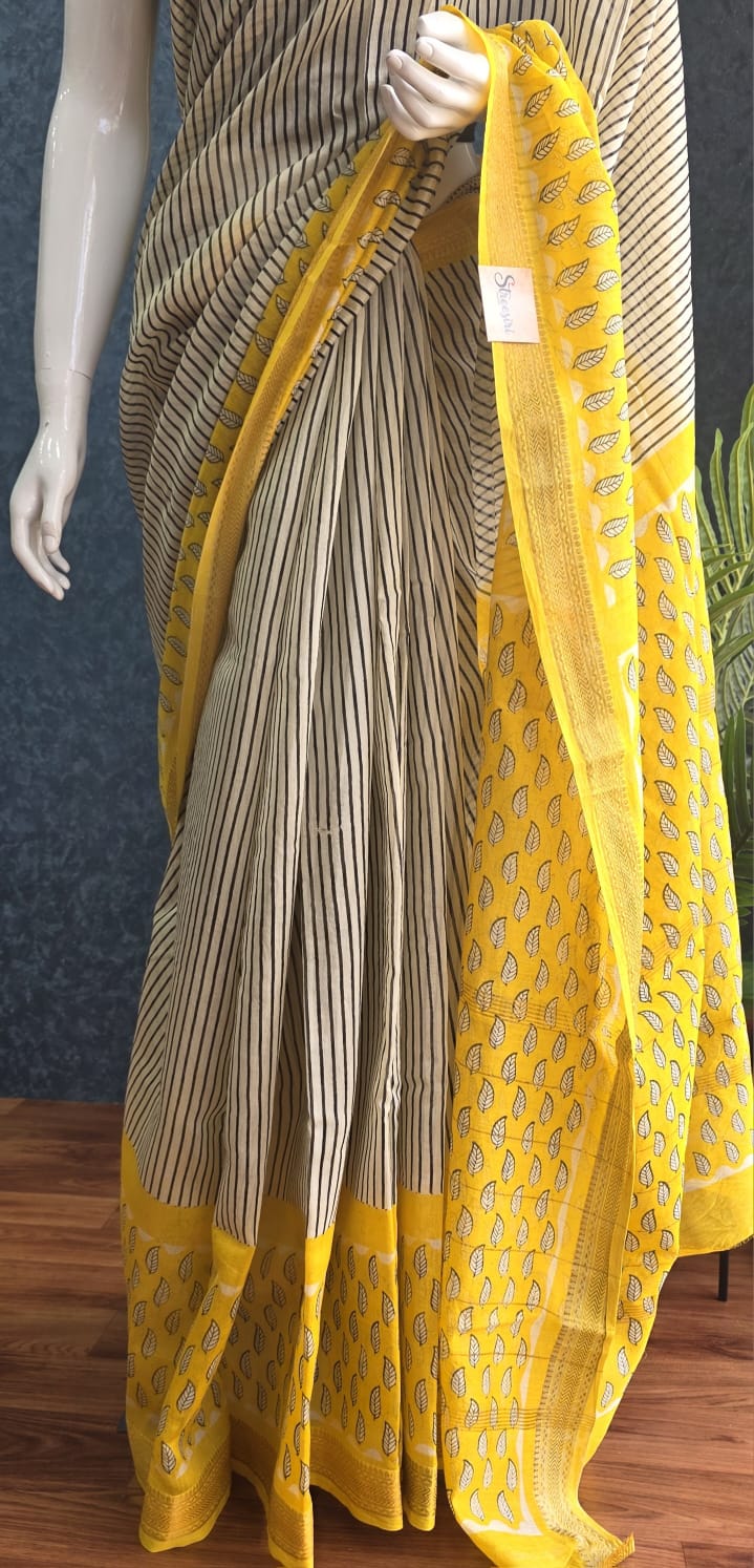 Maheshwari silk - yellow cream vertical stripes