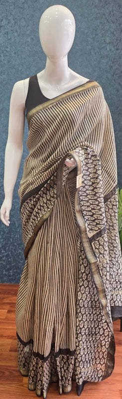 Stripes Silk Black Cream Maheshwari Silk Saree