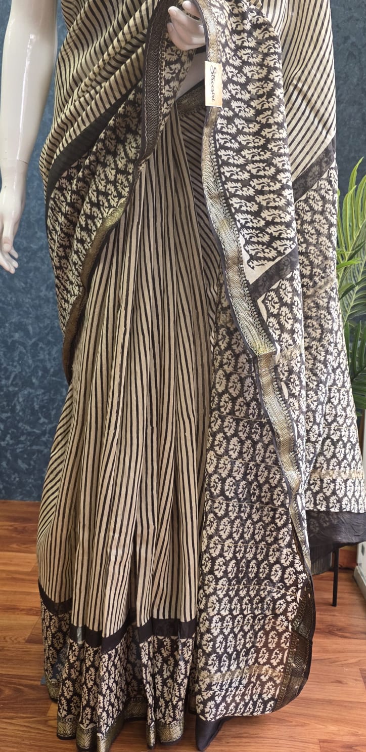 Maheshwari Silk - Black Cream Stripes