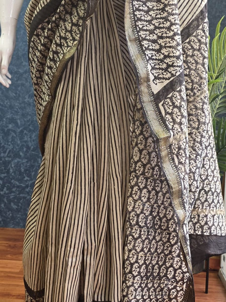 Stripes Silk Black Cream Maheshwari Silk Saree