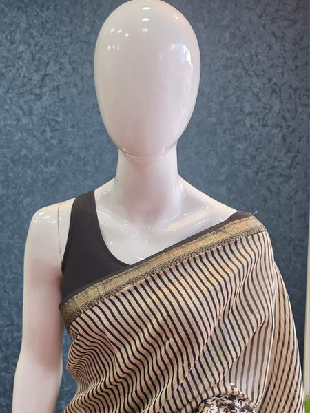 Stripes Silk Black Cream Maheshwari Silk Saree