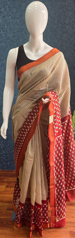 Stripes Red Cream Black Maheshawari Silk Saree