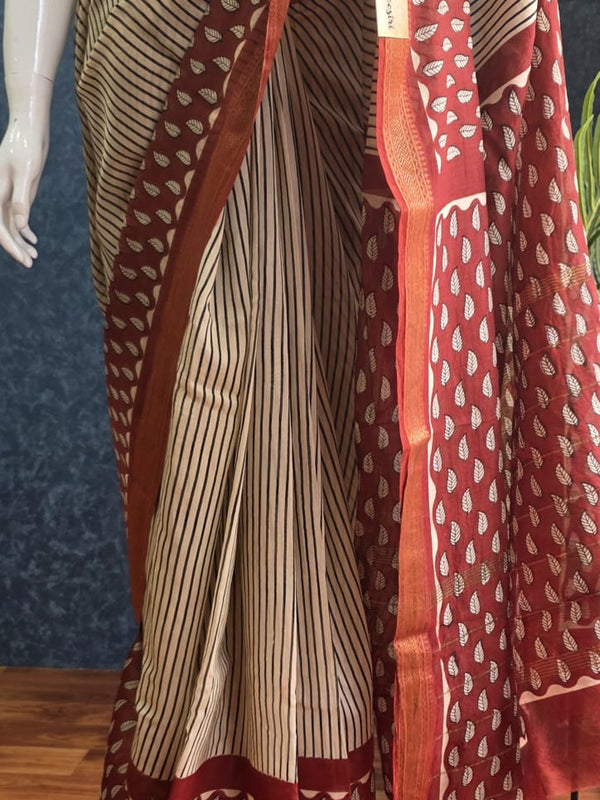 Stripes Red Cream Black Maheshawari Silk Saree