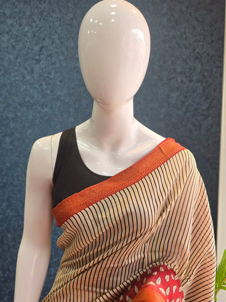 Stripes Red Cream Black Maheshawari Silk Saree