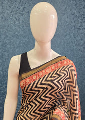 Maheshwari Silk  Black  Cream Zigzag