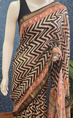 Maheshwari Silk  Black  Cream Zigzag