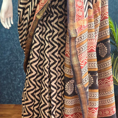 Zigzag Black Cream Maheshwari Silk Saree