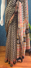 Maheshwari Silk  Black  Cream Zigzag