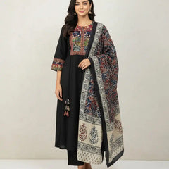 Black Multi colour embroidered 3 piece cotton set