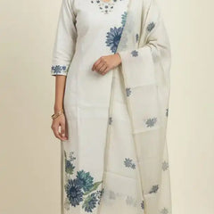 Off white floral printed cotton 3 piece set