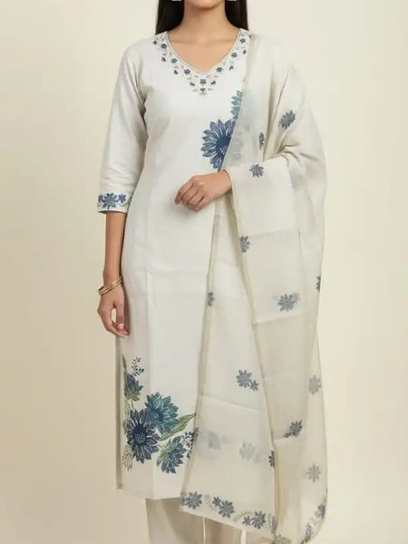 Off white floral printed cotton 3 piece set