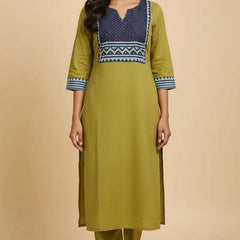 Olive Green and Navy Blue Cotton Embroidered Kurta Pant Set
