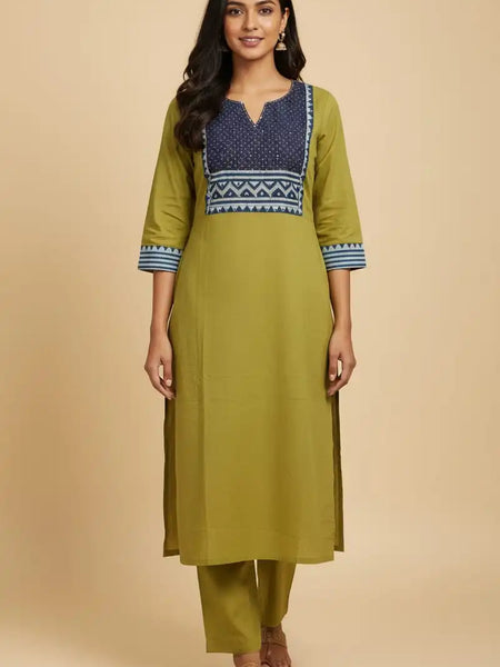 Olive Green and Navy Blue Cotton Embroidered Kurta Pant Set