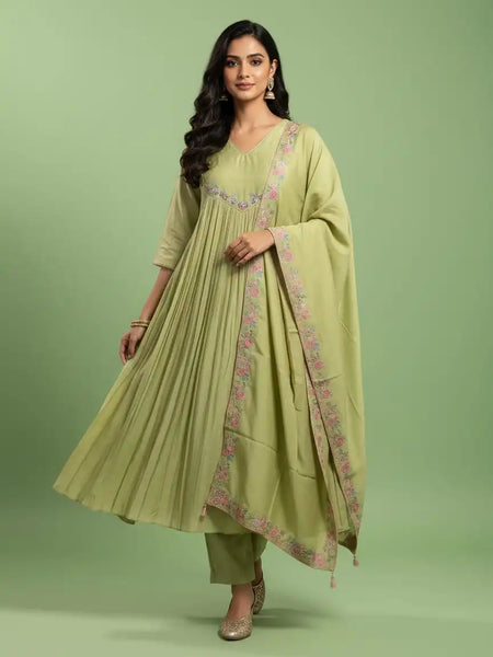 Lemon green sequence work party wear suit