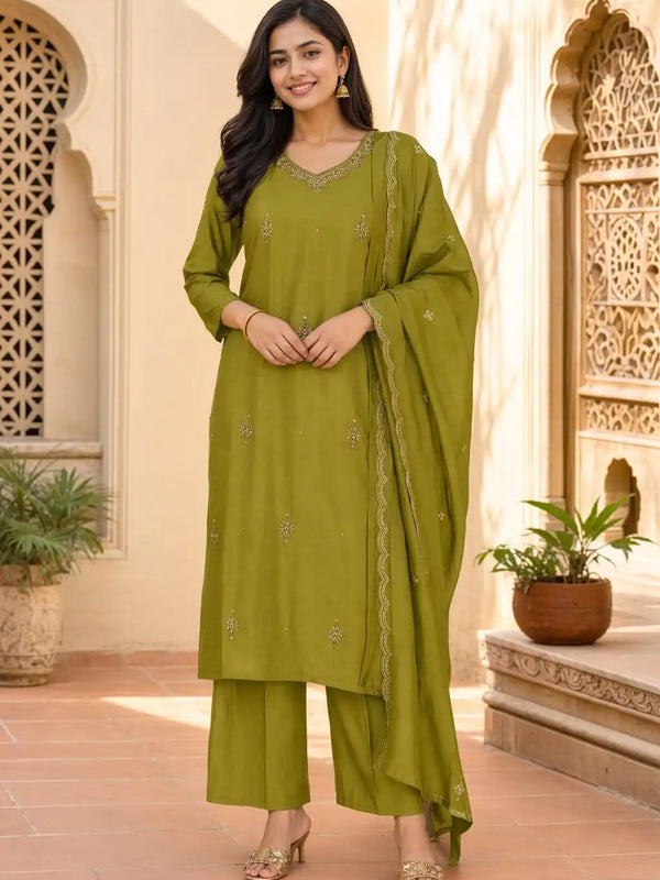 Mehendi Green Embroidered Silk Cotton 3 piece
