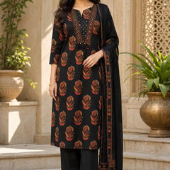 Black Red Block printed cotton 3 piece set