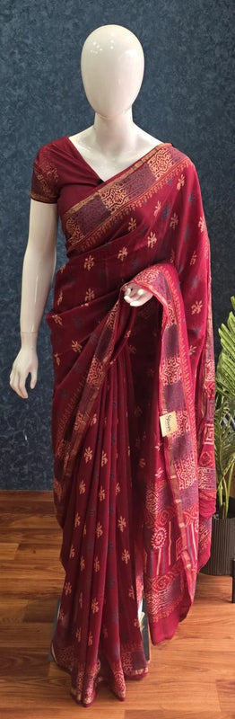Soft  Maroon Cotton Silk Saree