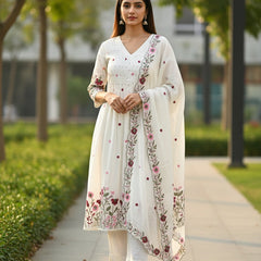 Embroider 3 Piece White Cotton Suit