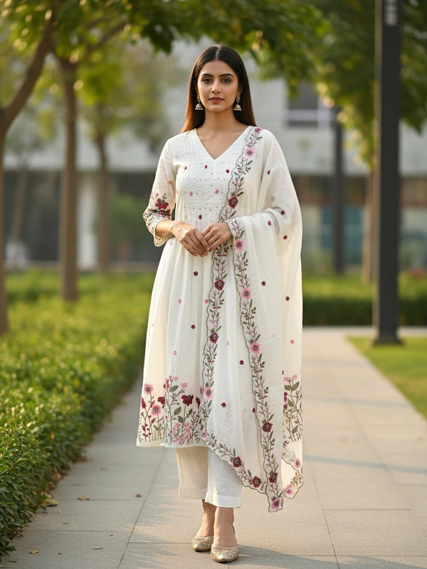 Embroider 3 Piece White Cotton Suit