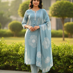 Floral 3 Piece Set Pearl Light Blue Cotton Suit