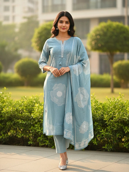 Floral 3 Piece Set Pearl Light Blue Cotton Suit