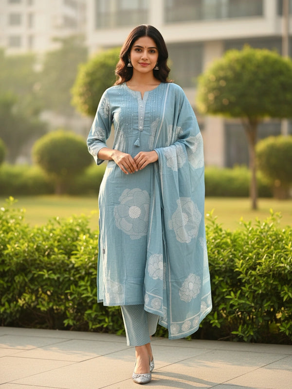 Floral 3 Piece Set Pearl Light Blue Cotton Suit