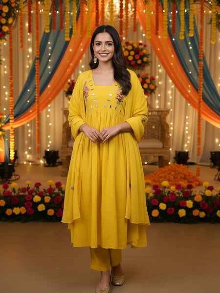 Embroider 3 Piece Yellow Mul Cotton Suit