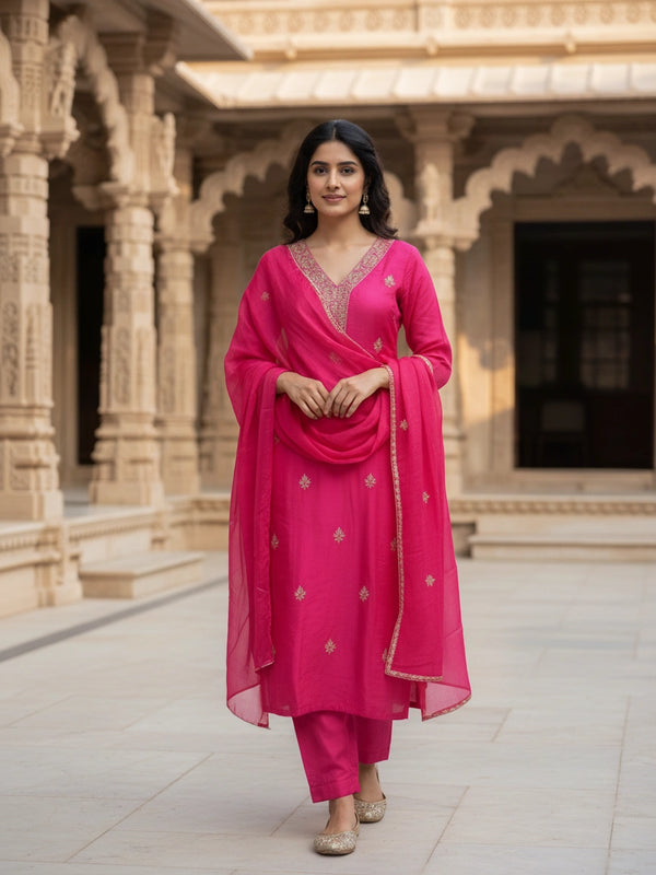 Party Wear 3 Piece Rani Pink Suit