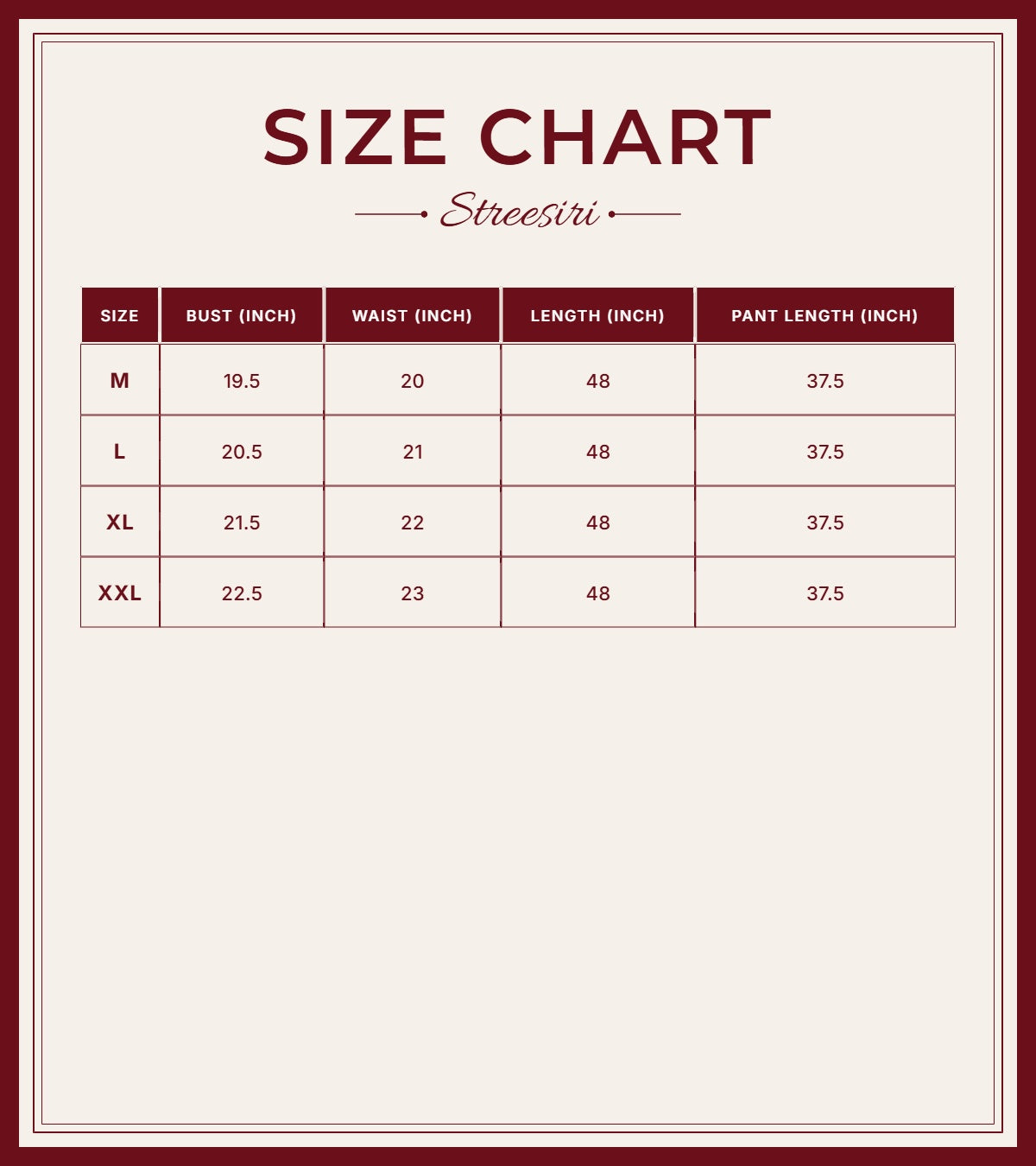 Size Chart for Party Wear 3Piece Mehandi Green Cotton Silk Suit